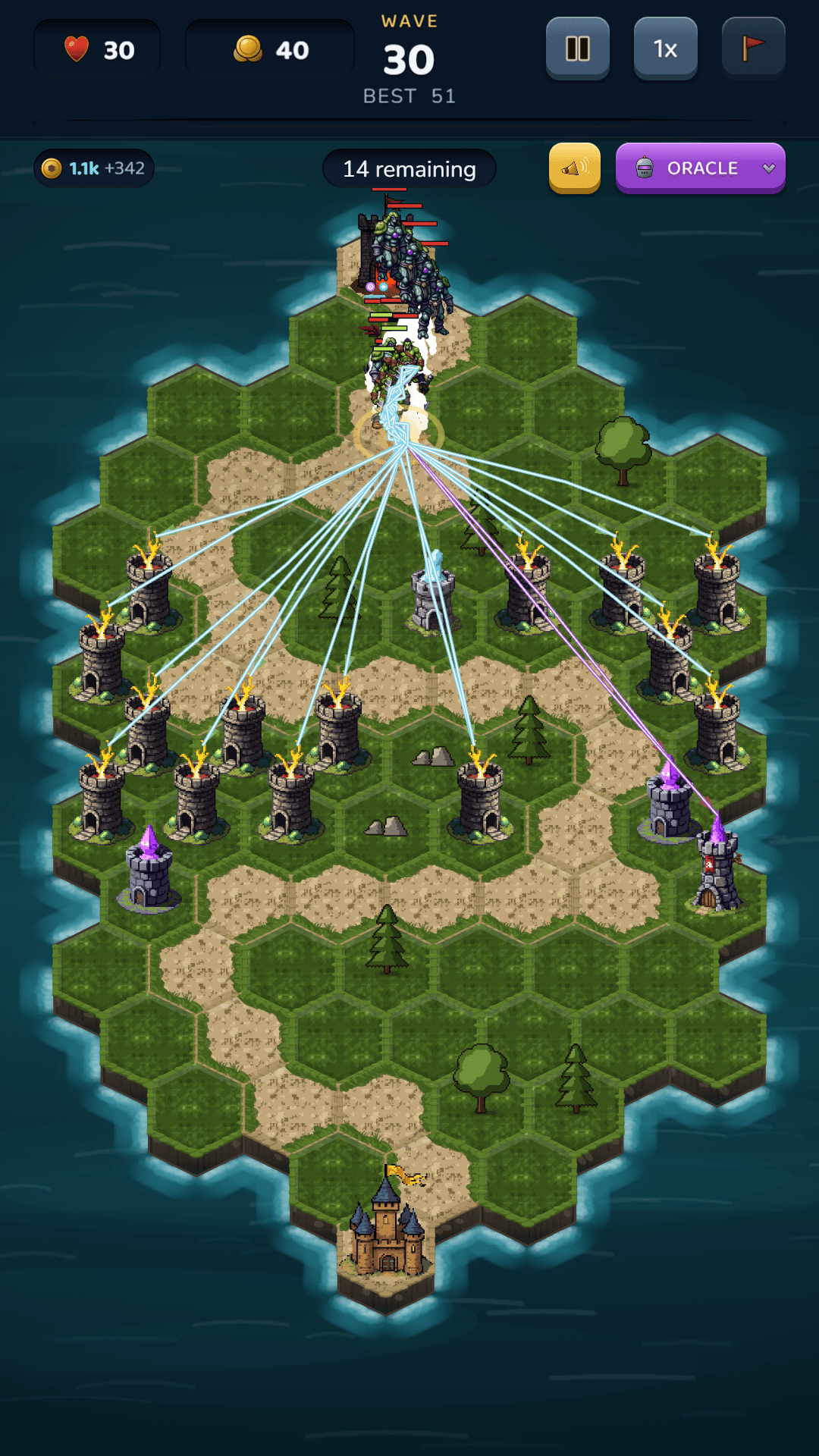 Sixteen towers firing on a boss at the gate